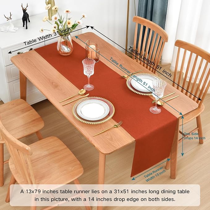Faux Linen Table Runner Water Resistant 13 x 48 in, Rust | Farmhouse Rustic - Image 2