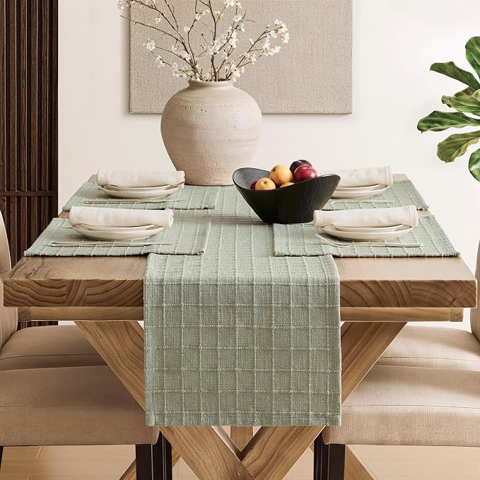Artisanal Grid Linen Table Runner, 13x60 Inches Seeding Green | Heavy Textured - Image 4