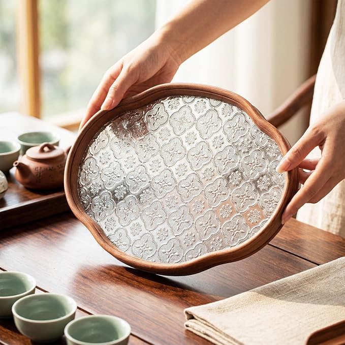 Glass Serving Tray with the Crabapple Pattern and Walnut Rectangular Serving by Tiangrid