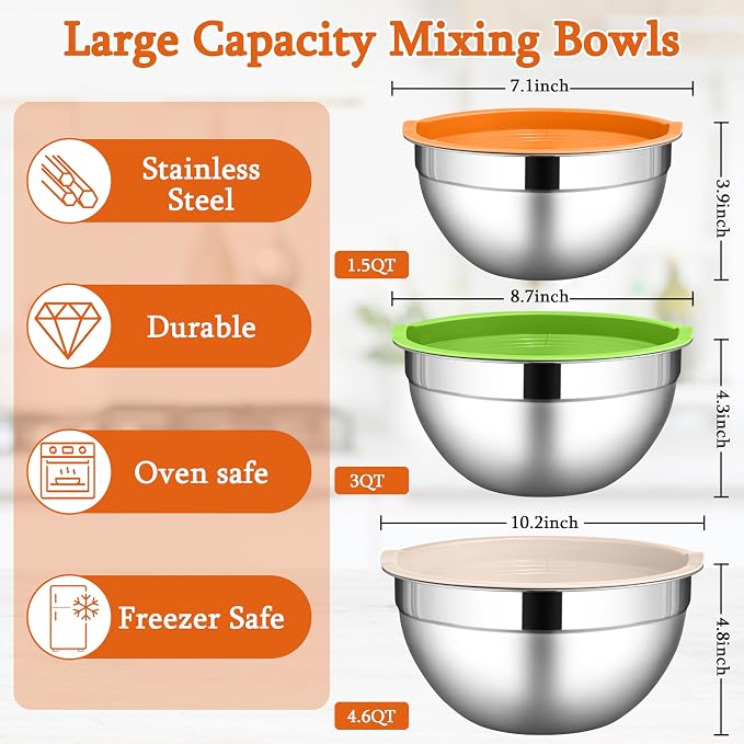 LIANYU Stainless Steel Metal Mixing Bowls, 3 Sizes Large and Small Salad Mixing - Image 2