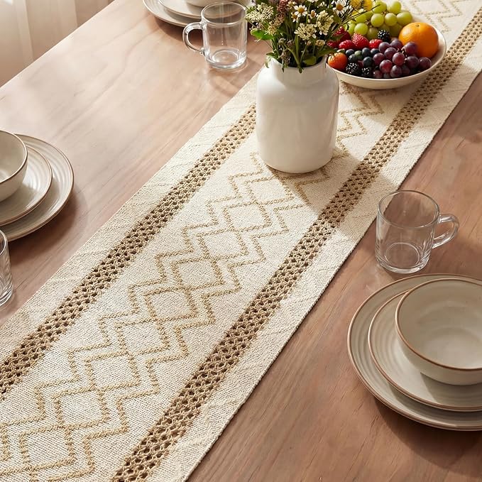 Artoid Mode Burlap Brown Stripe Diamond Woven Table Runner 12x90 Inch | Holiday - Image 3
