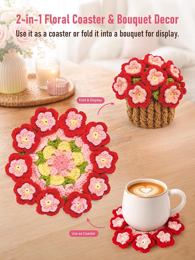 Crochet Flower Bouquet Coasters, Peach Blossom Gift - Image 6