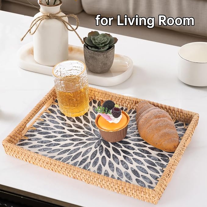 Rectangle Rattan Tray with Mother of Pearl Inlay, Rattan Serving Tray with - Image 5