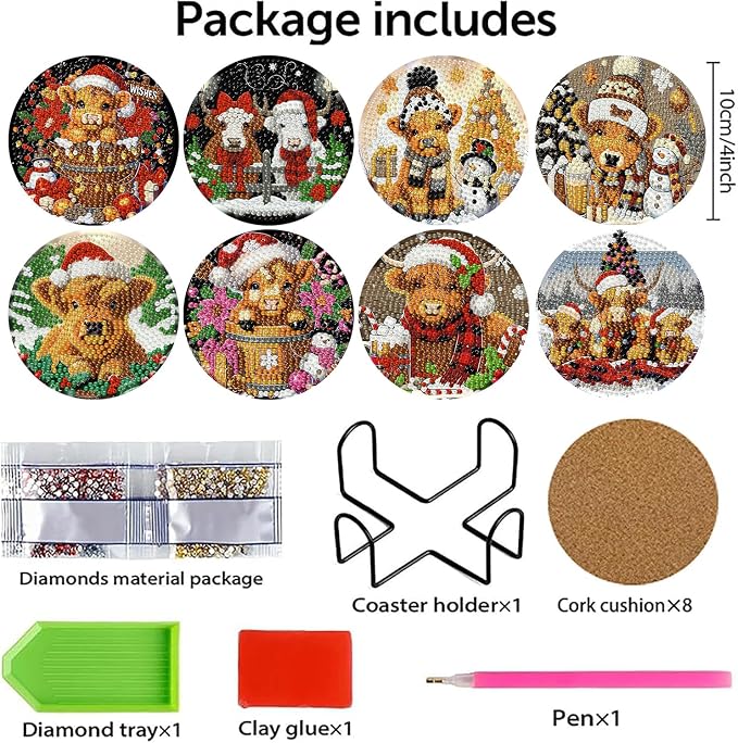 8 PCS Christmas Diamond Art Coasters Kits Highland Cows Coaster Kits | Diamond - Image 2