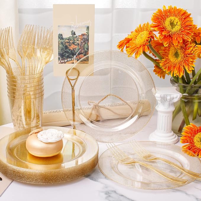 WELLIFE Gold Glitter Plastic Plates, 50 cups and 50 forks - Image 5