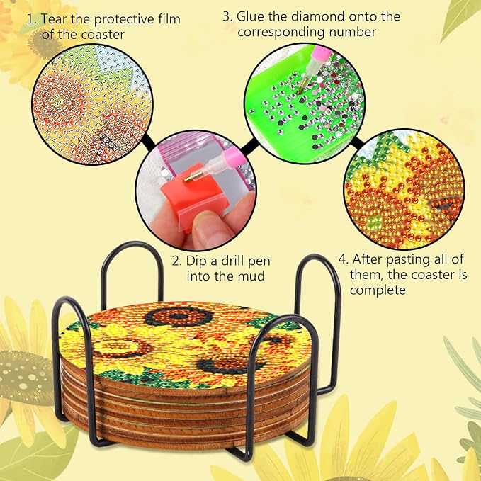 8 Pcs Sunflower Diamond Painting Coasters - Image 3