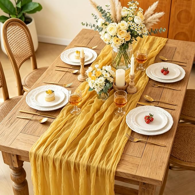 Yellow Cheesecloth Table Runner, 10FT Rustic Gold Boho Gauze Table Runner - Image 4