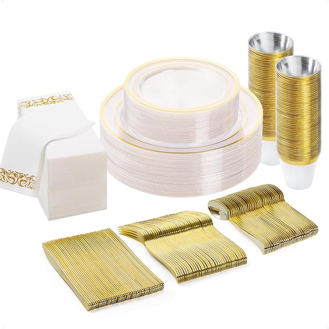 BESTVIP 175 PCS Clear Gold Plastic Plates and Silverware Set Disposable | Gold by Bestvip