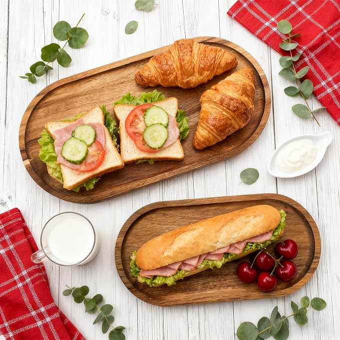Elsjoy Set of 2 Acacia Wood Serving Trays, Long Wooden Serving Platter Oval - Image 9