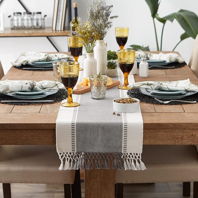 DII Dobby Stripe Table Runner, 13x72 Cool Gray & Cream Background | Woven - Image 4