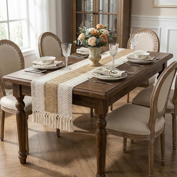 Burlap Boho Table Runner Macrame Brown 72in Farmhouse Woven Runner | Burlap - Image 4