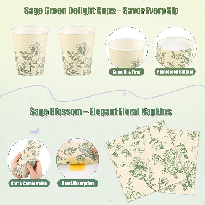 Kochorie 96 Pieces Sage Green Floral Party Supplies Elegant Floral Disposable - Image 4