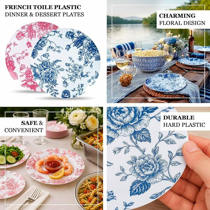 Efavormart 10-Pack French Toile Plastic Dessert Plates – Blue & White Floral - Image 3