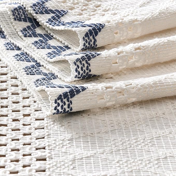 Macrame Side Trim Boho Woven Table Runner, Dusty Blue 12x36 Inch | Crochet - Image 7