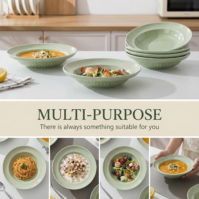 Wide Rim Soup Bowls Set of 4, 11 oz, 8 Inch Green | Shallow wide rim bowls - Image 4