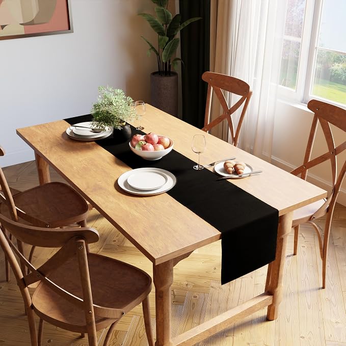 Encasa XO Table Runner, Yarn Dyed Ribbed Cotton 13"x98" | Solid Black, 12-Ply - Image 2