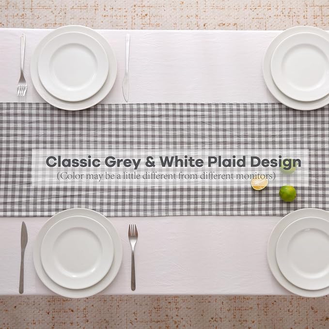 Grey White Plaid Gingham Ruffle Table Runner 72 inches Long 100% Washed Cotton - Image 4
