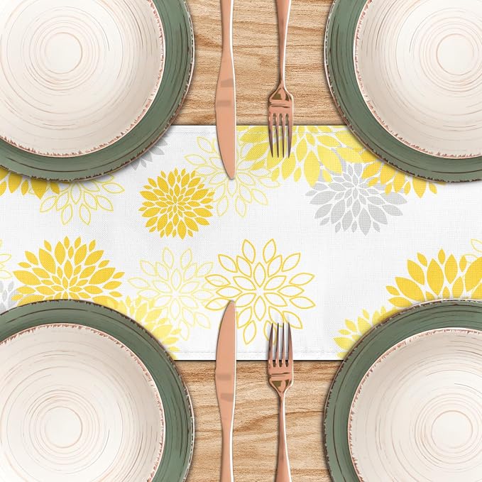 Dahlia Flower Table Runner 13x36 Inch Farmhouse Yellow Gray Runners Modern - Image 5