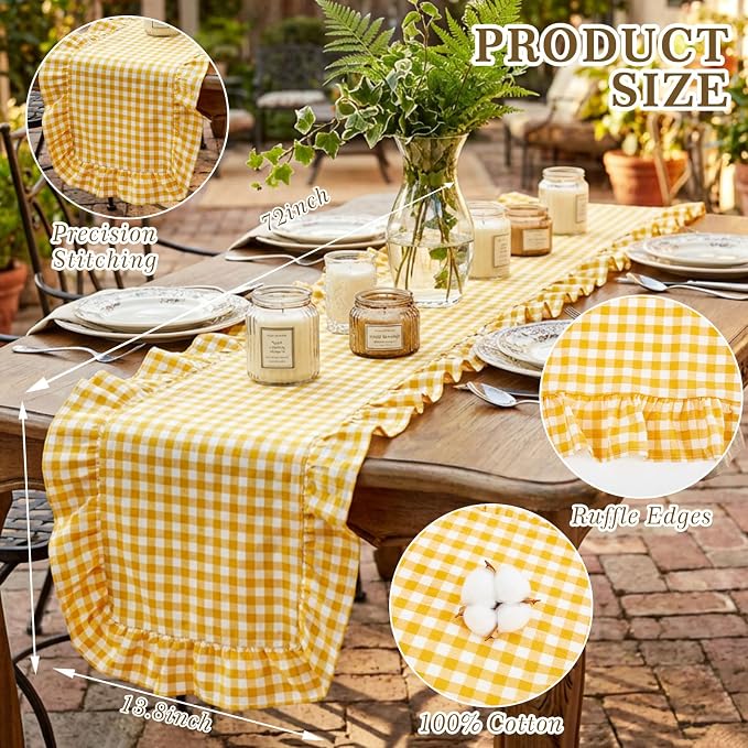 HunnmingRe 1 Pc Gingham Table Runner Yellow, 72 X 13.8 Inch | Cotton Dresser - Image 2
