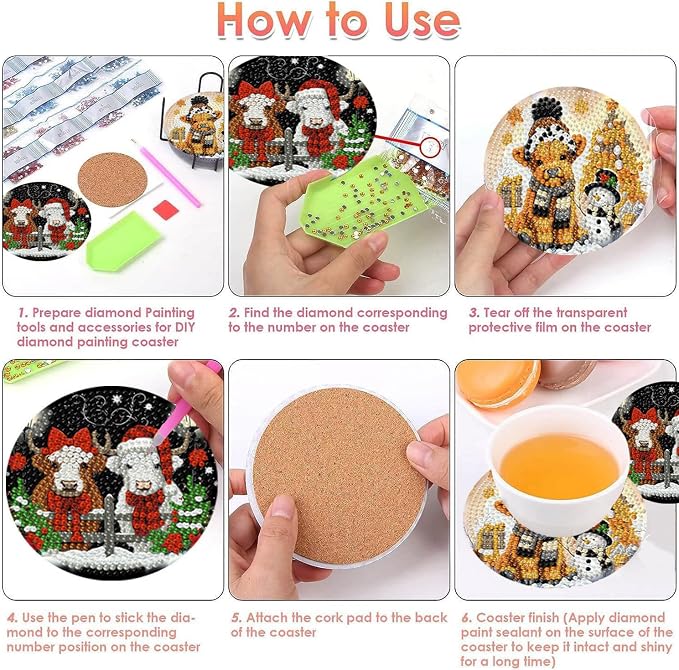 8 PCS Christmas Diamond Art Coasters Kits Highland Cows Coaster Kits | Diamond - Image 3