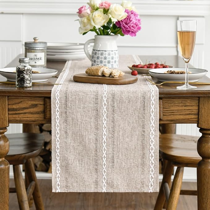 Artoid Mode Brown Rustic Cotton Linen Table Runner, Seasonal Embroidered Hollow - Image 3