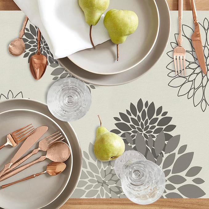 Gray Dahlia Table Runner Modern Elegant Flower Beige Table Runners Geometric - Image 3