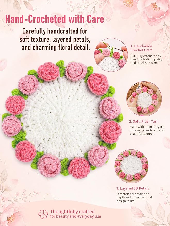 Crochet Flower Bouquet Coasters, Cotton Rose Gifts - Image 4