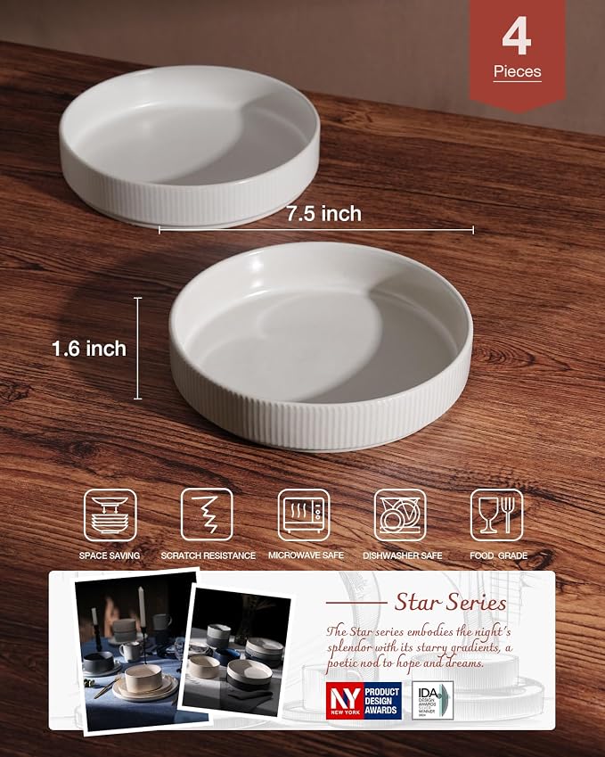 famiware Star 7.5" Pasta Bowls Set of 4, Plate Bowls, Matte White | Double - Image 2