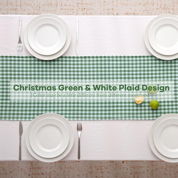 Christmas Green White Plaid Gingham Ruffle Table Runner 90 inches Long 100% - Image 4