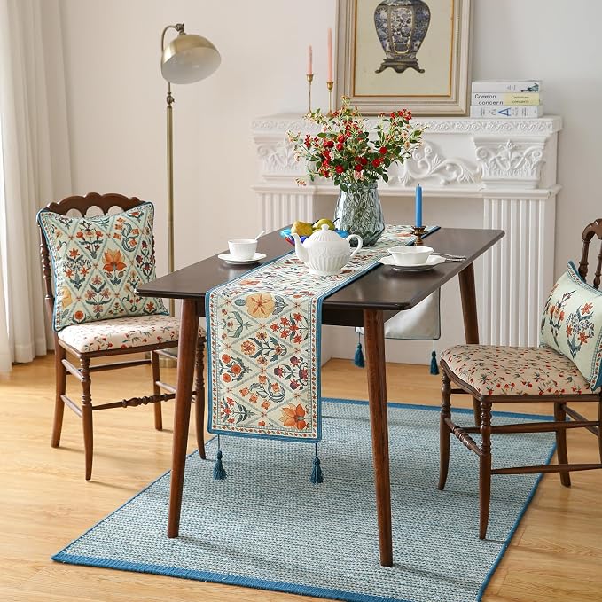 Designer French Linen Long Table Runner, Colorful Floral Pattern, Dining Table - Image 7