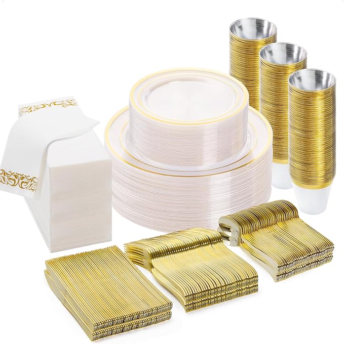 BESTVIP 350 PCS Clear Gold Plastic Plates and Silverware Set Disposable | Gold by Bestvip