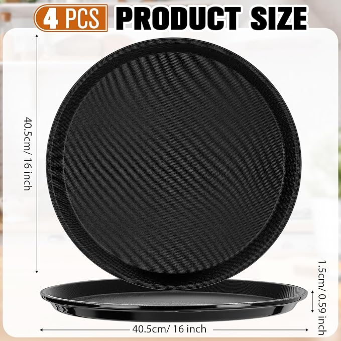 Zopeal 4 Pieces 16" Black Round Restaurant Serving Tray, Plastic Non Slip - Image 2