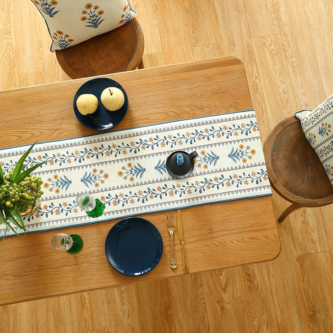 Designer French Linen Extra Long Table Runner, Pale Yellow Floral Pattern - Image 8