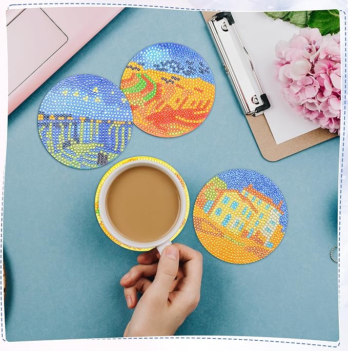 6 Pcs Boho Diamond Art Painting Coasters Holder Oil Paintings | Abstract - Image 5