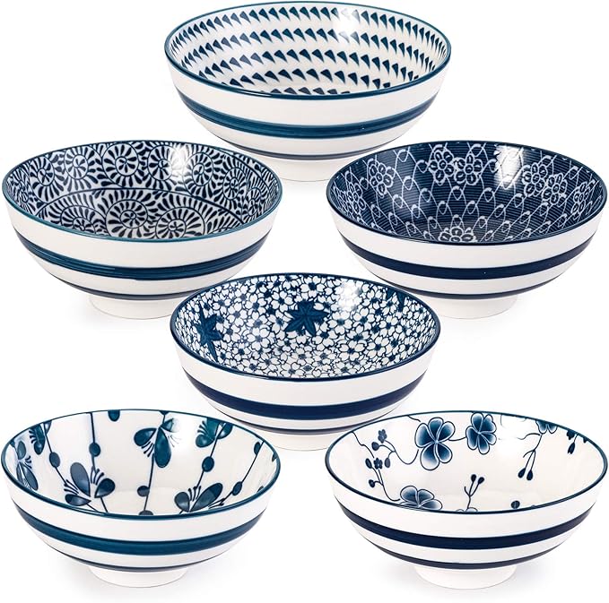 Foraineam 6 Pieces Blue and White Floral Rice Bowl Set 8 oz Japanese Style by Foraineam