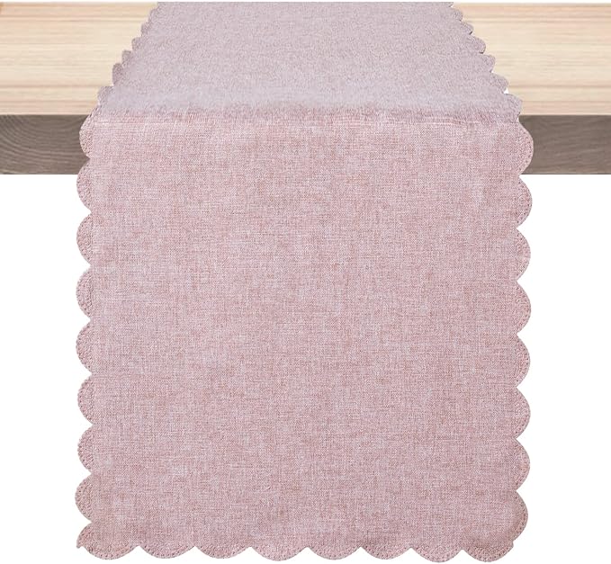 Pink Cotton Table Runner 13 x 90 in Long Farmhouse Scallop Style | Dresser by Winotic