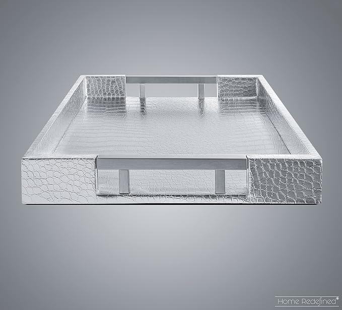 Modern Elegant 17.5"x12" Rectangle Glossy Silver Crocodile Faux Leather Tray - Image 4