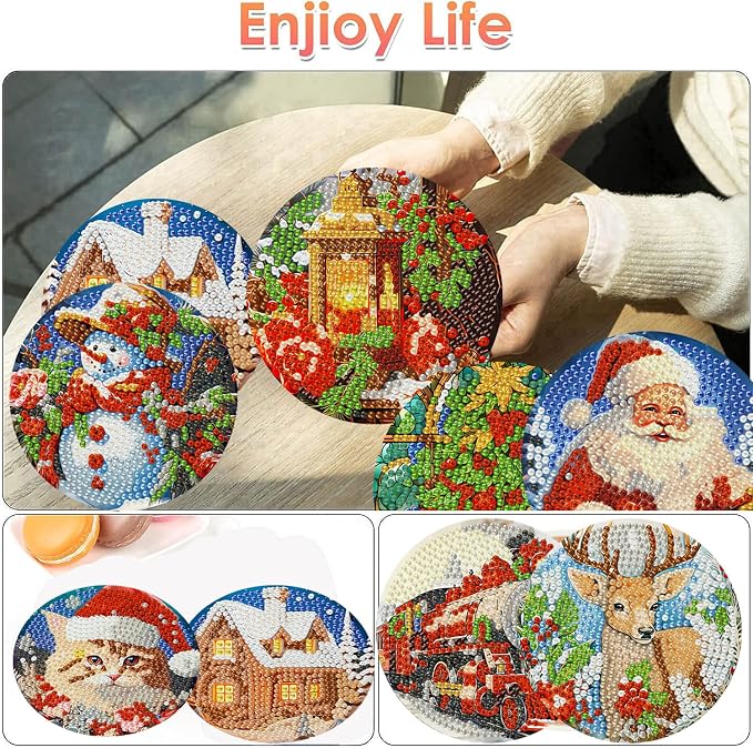 8 Pcs Christmas Diamond Painting Coasters Kits 4X4in | Christmas Diamond Art - Image 2