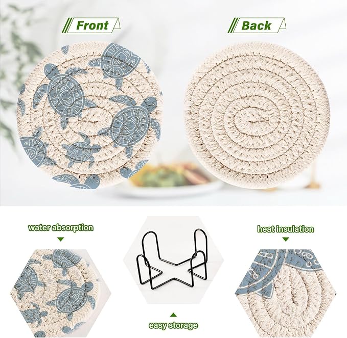 Turtle White Print Coasters for Drinks Set of 6 Absorbent Woven Drink Coaster - Image 4