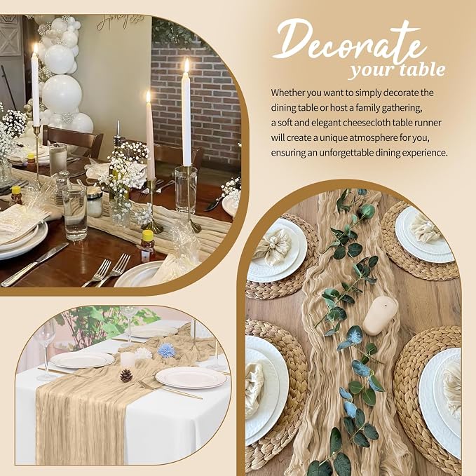 Pesonlook Cheesecloth Table Runner Beige, 20 Pack 17.7x108 inch, Long | Rustic - Image 4