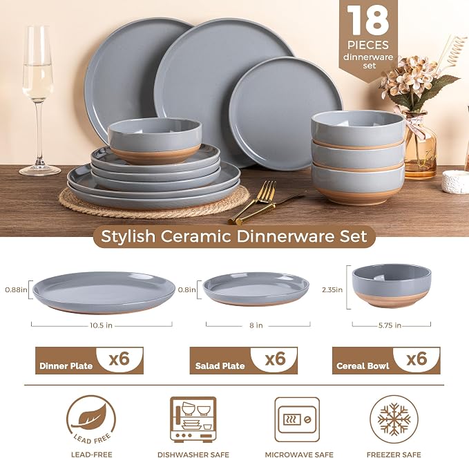 AmorArc Dinnerware Sets for 6, 18 Pieces Ceramic Plates and Bowls Set | Scratch - Image 3