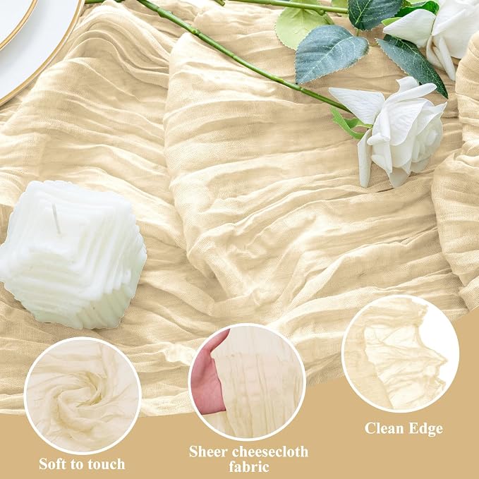 Cheesecloth Table Runner 10FT 6Pcs Beige Boho Gauze Rustic Sheer Runners | - Image 3