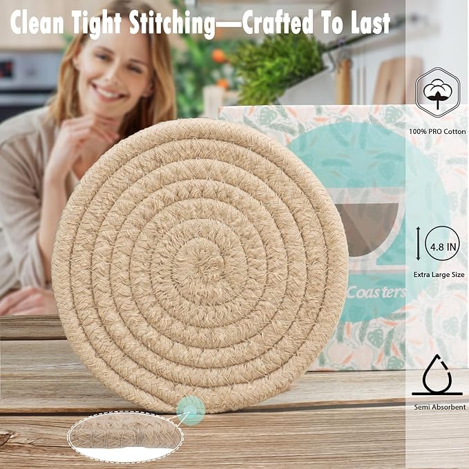 4PC Oversized Drink Coasters Set of 4, Large Woven Cotton Coasters, Boho - Image 3