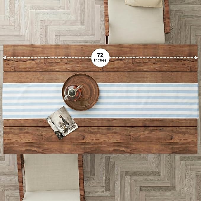 Folkulture Table Runner 72 Inches Long Blue & White Striped Cotton Coastal - Image 2