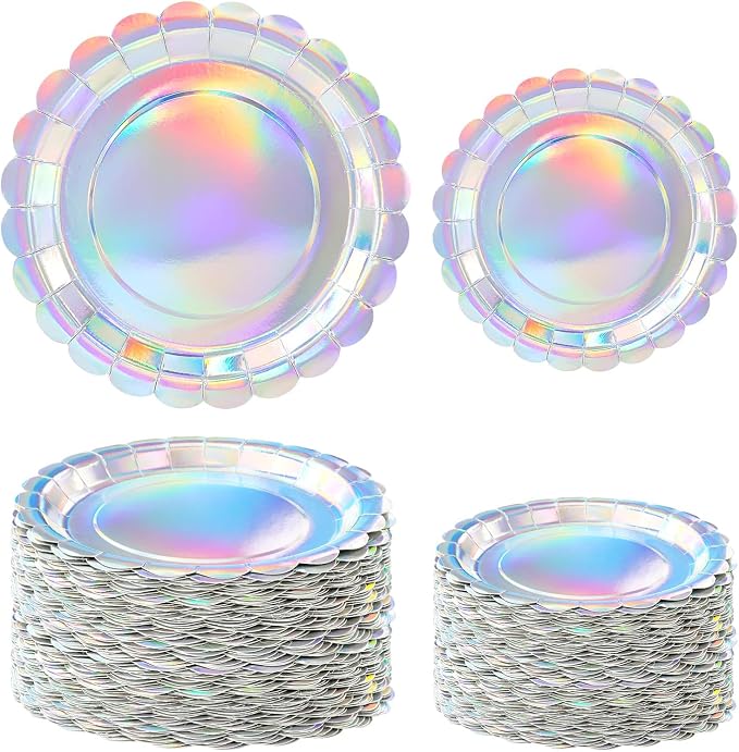 50 Pcs Iridescent Scalloped Paper Plates 25 × 7'' and 25 × 9'' Disposable by FALIZIFU