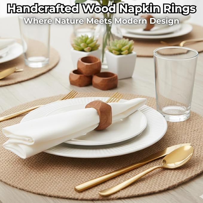 Square Acacia Wood Napkin Rings, diamond-cut edge, natural grain finish - Image 7