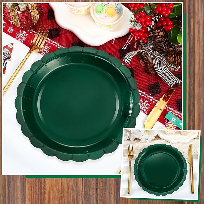 NatNarr 30 Pcs Dark Green Plates 9 Inch Scalloped Green Paper Plates | - Image 5