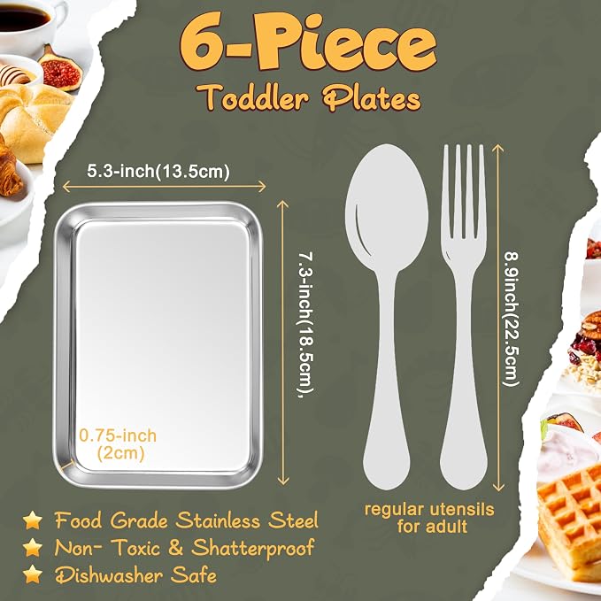 HaWare Stainless Steel Kids Plates, 6-Piece Toddler Plates | 7.3" x 5.3" x 0.8" - Image 2