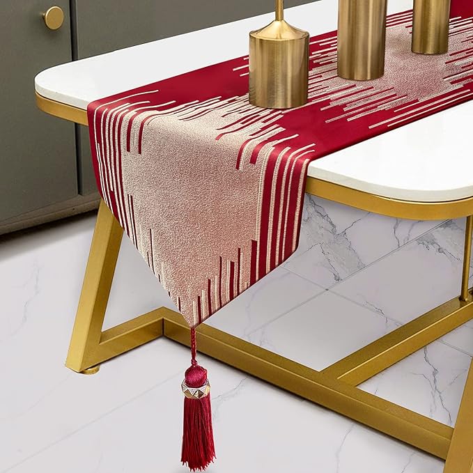 Luxury Red Gold Table Runner 120 Inch Extra Long, Abstract Geometric | Faux by Fullony
