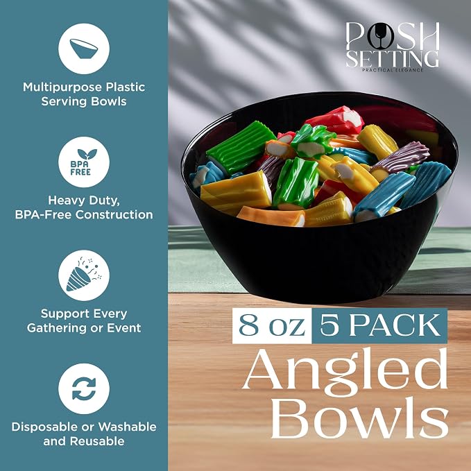 5 Pack Black Angled Plastic Serving Bowl Disposable - Image 2